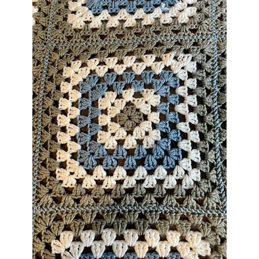 Handmade Crochet Granny Square Sofa Throw Blanket 36x36 Blue White Gray